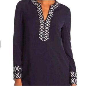 TORY Burch Tunic Top Embroidered Longsleeve Navy Blue 2